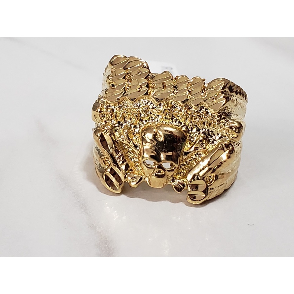 NEW SIZE 10 GOLD TONE GOLD PLATED SKULL GUN BIKER RING NUGGET STATEMENT GOTHIC
